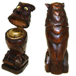 Antique Swiss Black Forest Carved 5.5" Inkwell, a Wise Old Owl Figure with 2-Tone Glass Eyes