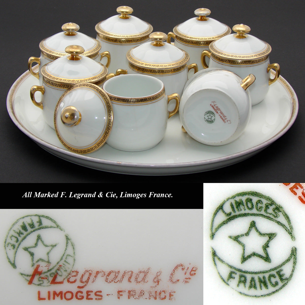 Antique French F. Legrand & Co. Limoges Gold Enamel 8pc Pot de Creme Set, 11" Tray
