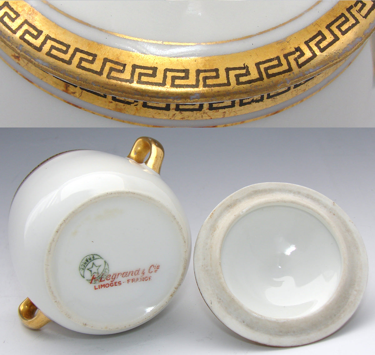 Antique French F. Legrand & Co. Limoges Gold Enamel 8pc Pot de Creme Set, 11" Tray