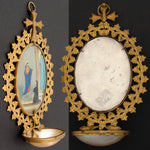 Antique French Napoleon III Benetier or Holy Water Font, Eglomise Scene with Pearl Font