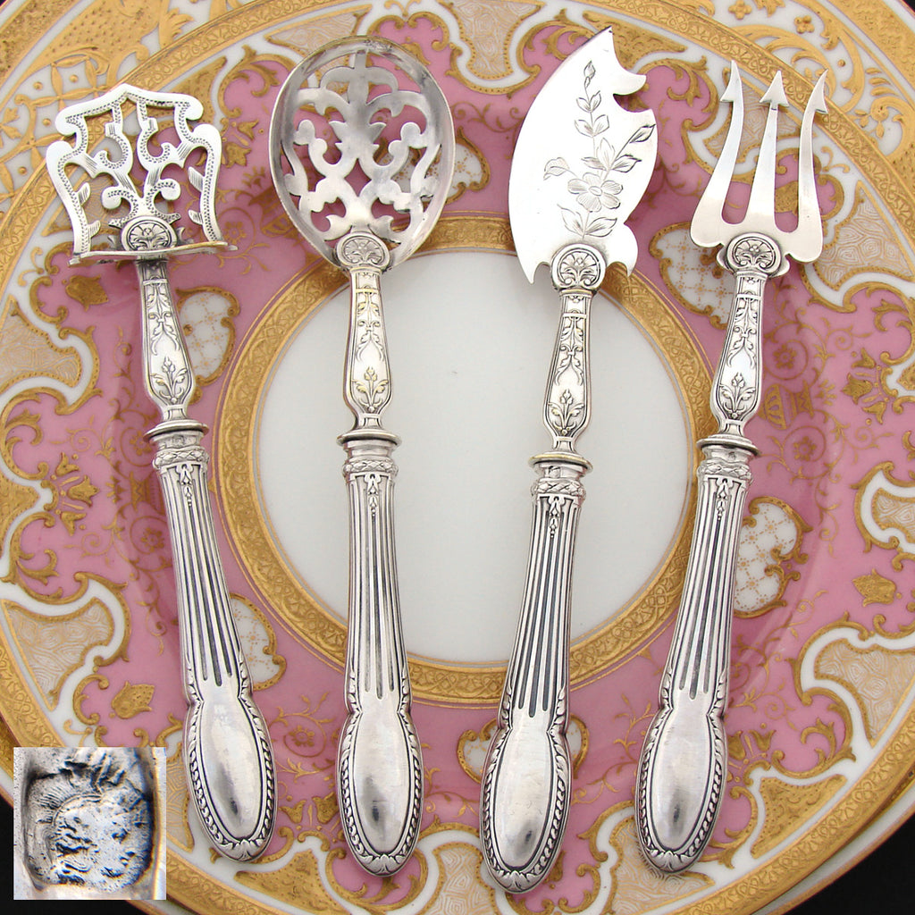 Antique French Sterling Silver 4p Hors d'Oeuvre Implement Set, Original Box