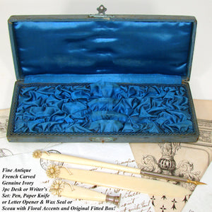 Antique French Napoleon III Carved Ivory 3pc Writer's Set: Pen, Letter Opener & Wax Seal in Box