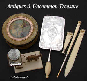 Antique French Napoleon III Carved Ivory 3pc Writer's Set: Pen, Letter Opener & Wax Seal in Box