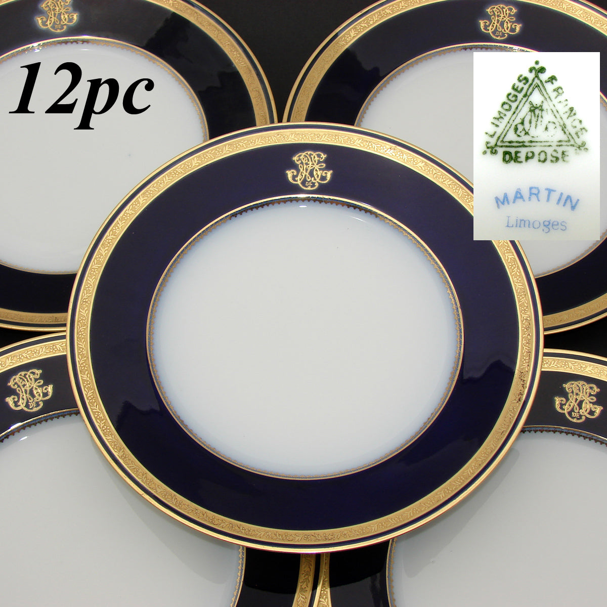 Elegant Antique French Limoges 12pc 9.75" Dinner Plate Set, Cobalt & Gold Enamel Borders