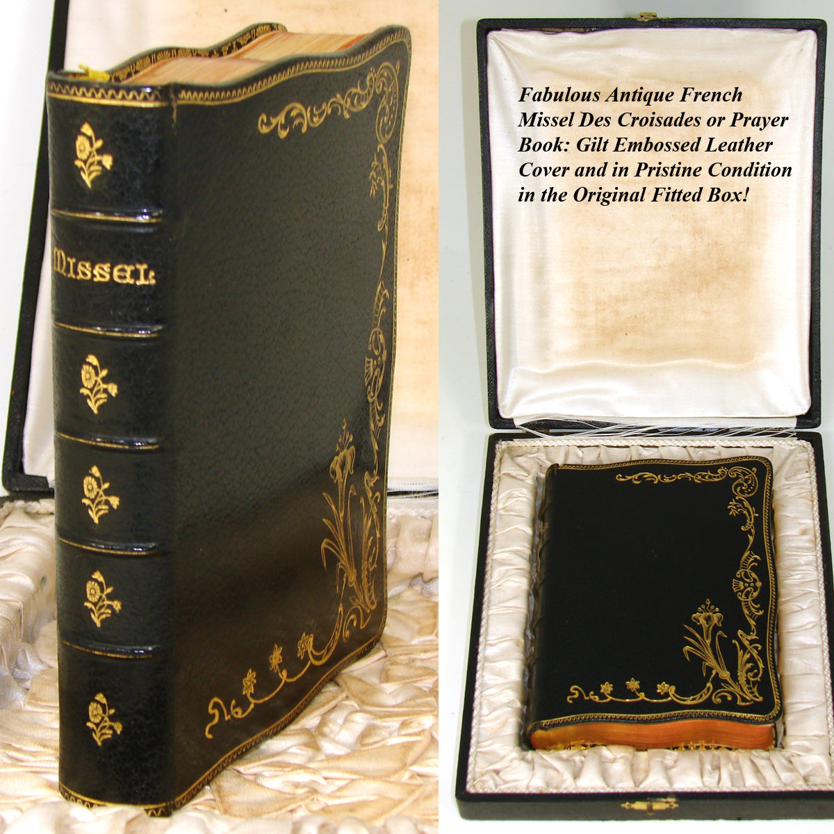 Antique French "Missel des Croisades", Missal or Prayer Book, Gilt Embossed Leather, Orig. Box