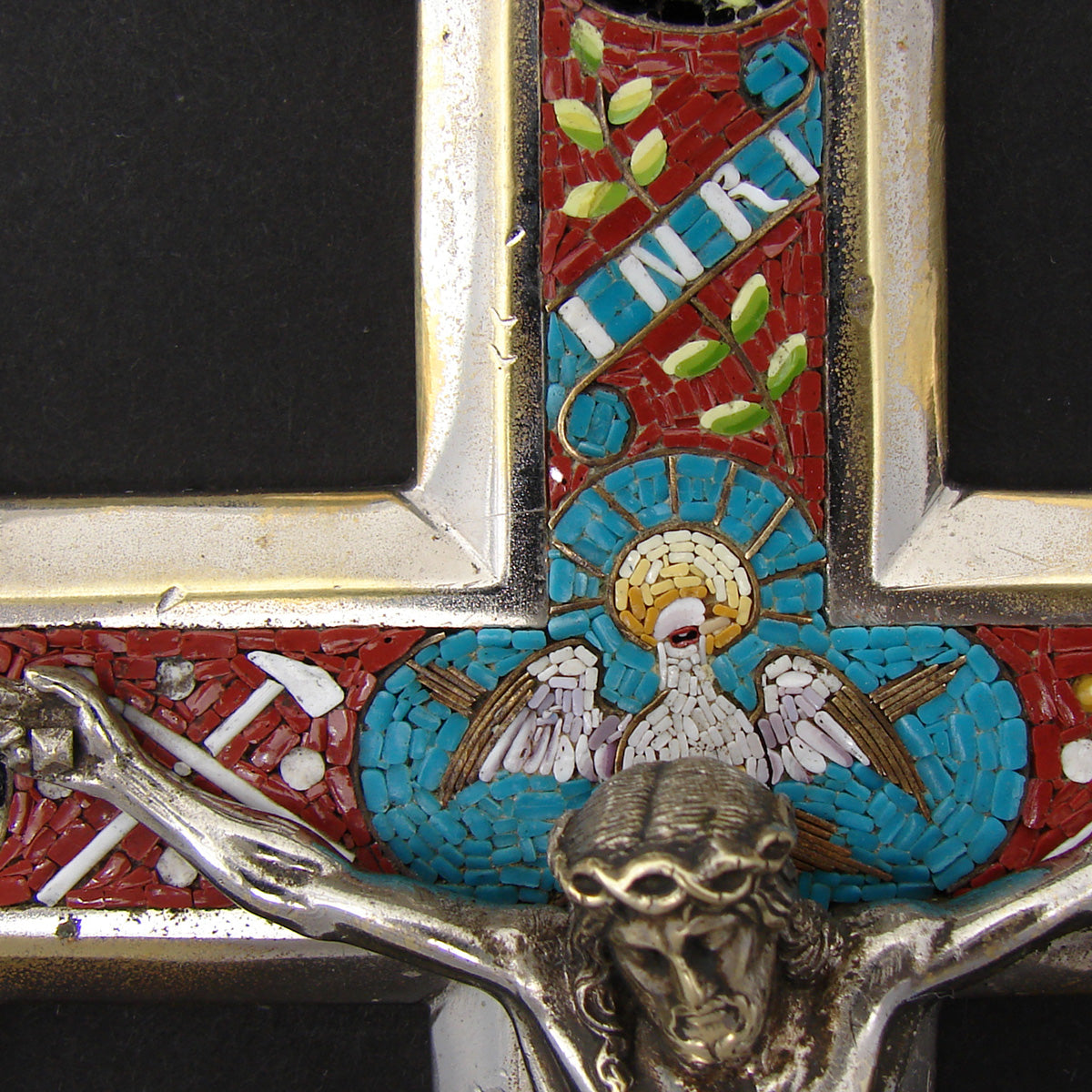Lg Antique Italian 11.5" Micro Mosaic Cross or Crucifix, Silvered Christ with Colorful Doves Inlay