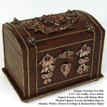 Antique Victorian Era 9.75" Oak Tea Caddy, Now a Treasure Chest, Box, Figural Hunting Dogs, Ornate Appliques