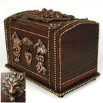 Antique Victorian Era 9.75" Oak Tea Caddy, Now a Treasure Chest, Box, Figural Hunting Dogs, Ornate Appliques