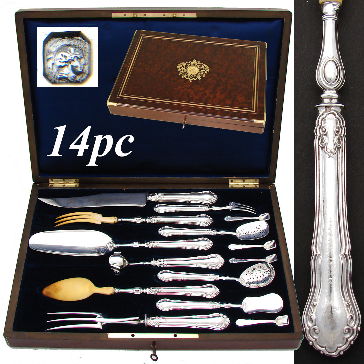 Superb Antique French Sterling Silver 14pc Serving Utensil Set, Gorgeous 17.5" Burled Box
