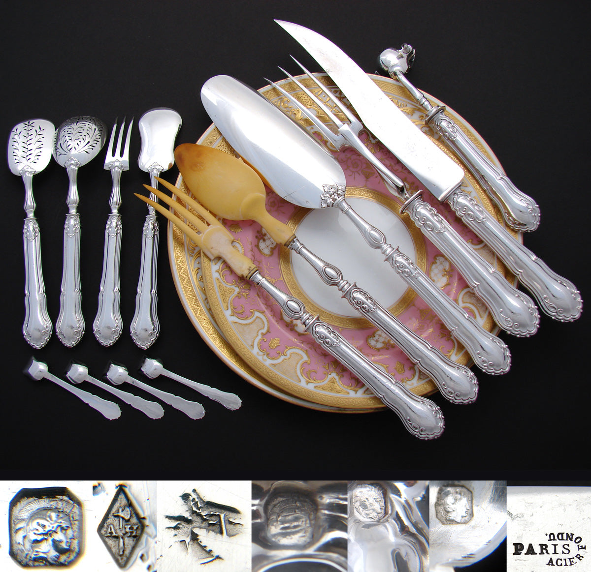 Superb Antique French Sterling Silver 14pc Serving Utensil Set, Gorgeous 17.5" Burled Box