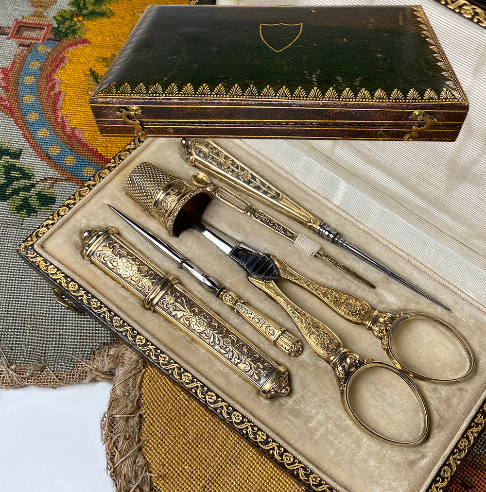 Fine Antique French 18k on Sterling Silver Sewing Set, Etui, Crochet Hook, Scissors, Thimble, Etc