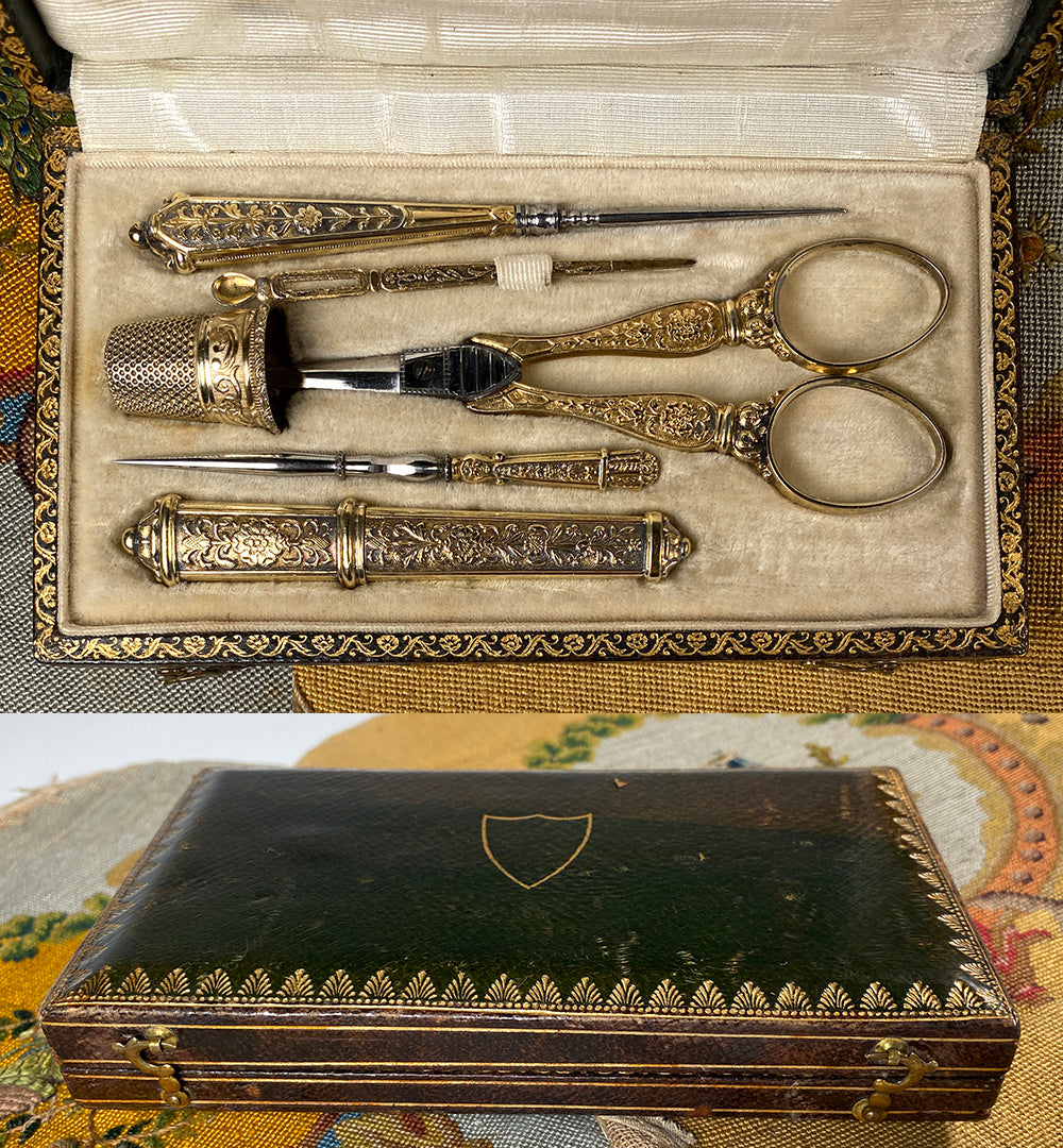 Fine Antique French 18k on Sterling Silver Sewing Set, Etui, Crochet Hook, Scissors, Thimble, Etc