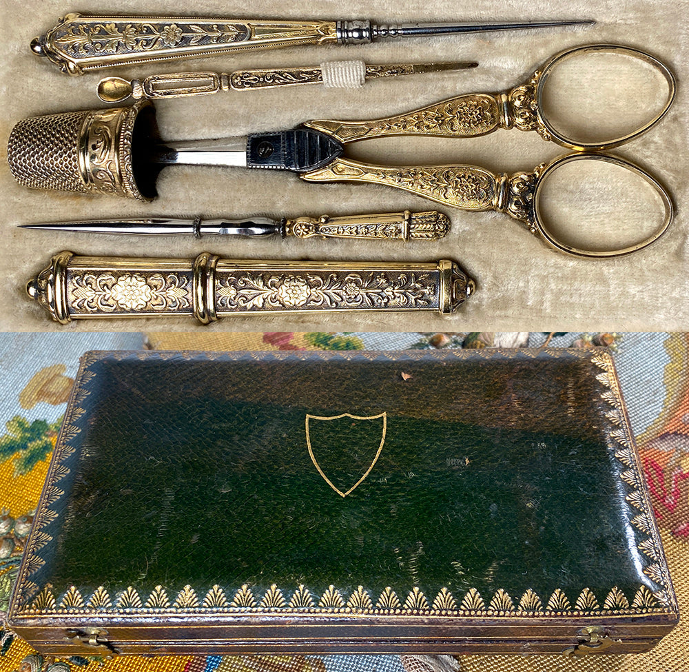 Fine Antique French 18k on Sterling Silver Sewing Set, Etui, Crochet Hook, Scissors, Thimble, Etc