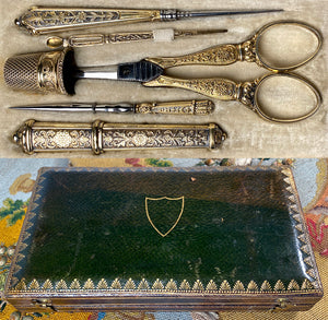 Fine Antique French 18k on Sterling Silver Sewing Set, Etui, Crochet Hook, Scissors, Thimble, Etc