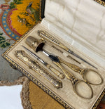 Fine Antique French 18k on Sterling Silver Sewing Set, Etui, Crochet Hook, Scissors, Thimble, Etc