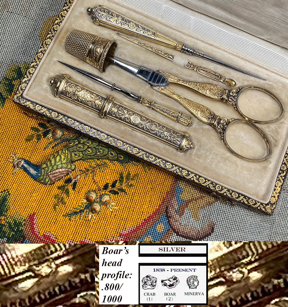 Fine Antique French 18k on Sterling Silver Sewing Set, Etui, Crochet Hook, Scissors, Thimble, Etc