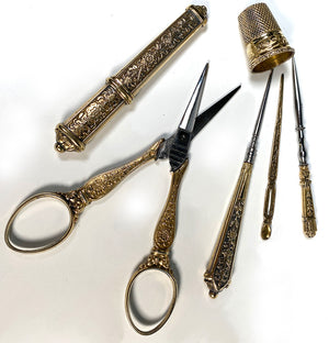 Fine Antique French 18k on Sterling Silver Sewing Set, Etui, Crochet Hook, Scissors, Thimble, Etc