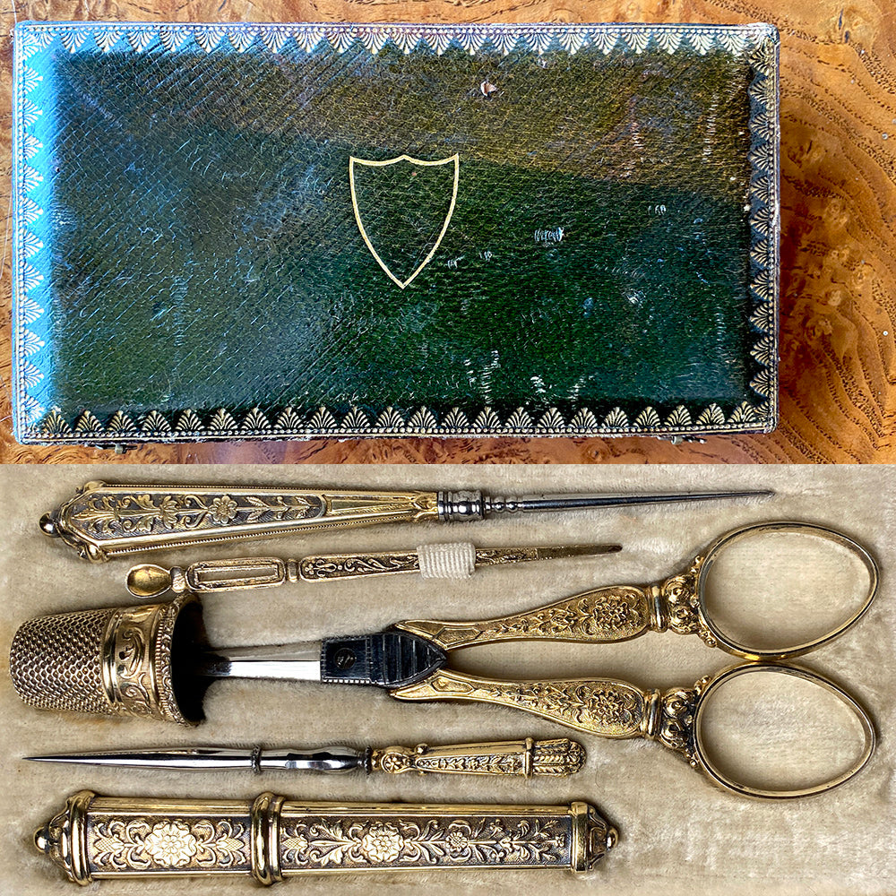 Fine Antique French 18k on Sterling Silver Sewing Set, Etui, Crochet Hook, Scissors, Thimble, Etc