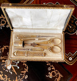 Fine Antique French 18k on Sterling Silver Sewing Set, Etui, Crochet Hook, Scissors, Thimble, Etc