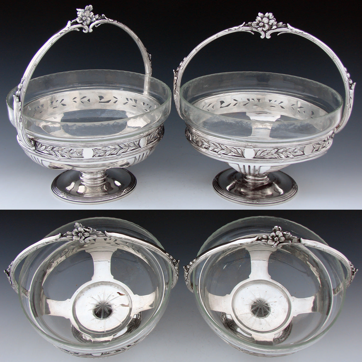 Antique to Vintage Silver Plate 10" Tall Basket Style Centerpiece PAIR with Original Glass Inserts, Laurel & Floral Handles