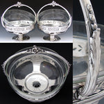 Antique to Vintage Silver Plate 10" Tall Basket Style Centerpiece PAIR with Original Glass Inserts, Laurel & Floral Handles