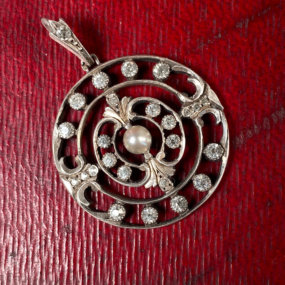 Antique French Napoleon III Era Pendant, .800 Silver and Pearl, Diamond Cut Paste or Crystal Stones