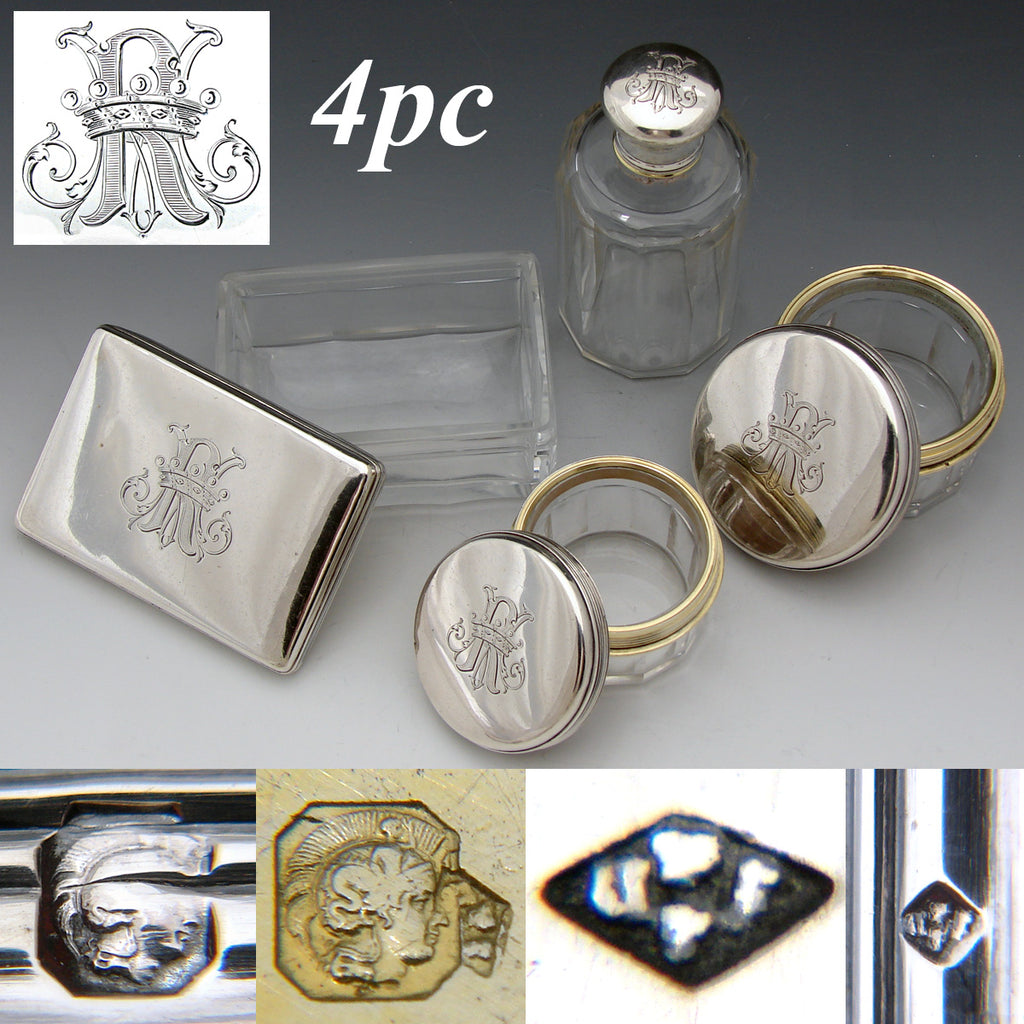 Antique French Sterling Silver & Cut Glass 4pc Vanity Set, Perfume or Cologne & Jars, Crown Monograms