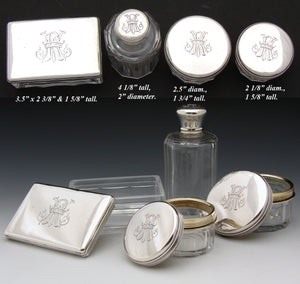 Antique French Sterling Silver & Cut Glass 4pc Vanity Set, Perfume or Cologne & Jars, Crown Monograms