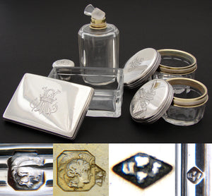 Antique French Sterling Silver & Cut Glass 4pc Vanity Set, Perfume or Cologne & Jars, Crown Monograms