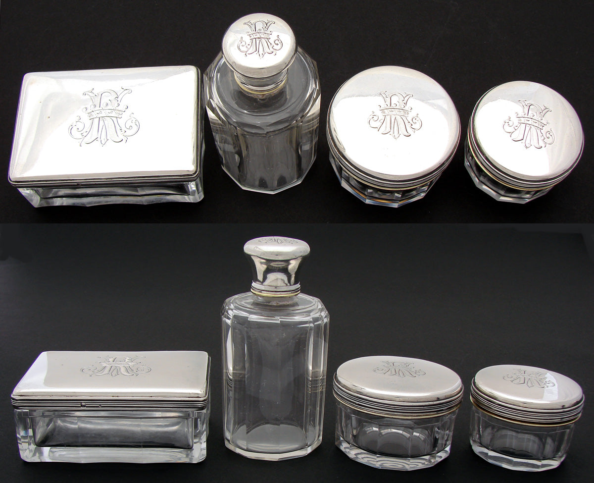 Antique French Sterling Silver & Cut Glass 4pc Vanity Set, Perfume or Cologne & Jars, Crown Monograms