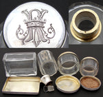 Antique French Sterling Silver & Cut Glass 4pc Vanity Set, Perfume or Cologne & Jars, Crown Monograms