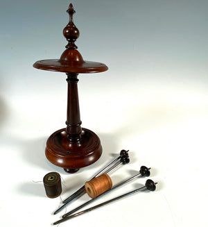 Beautiful 8" Tall Antique English Turned Mahogany Thread Spool Stand, Caddy, Wood Spools
