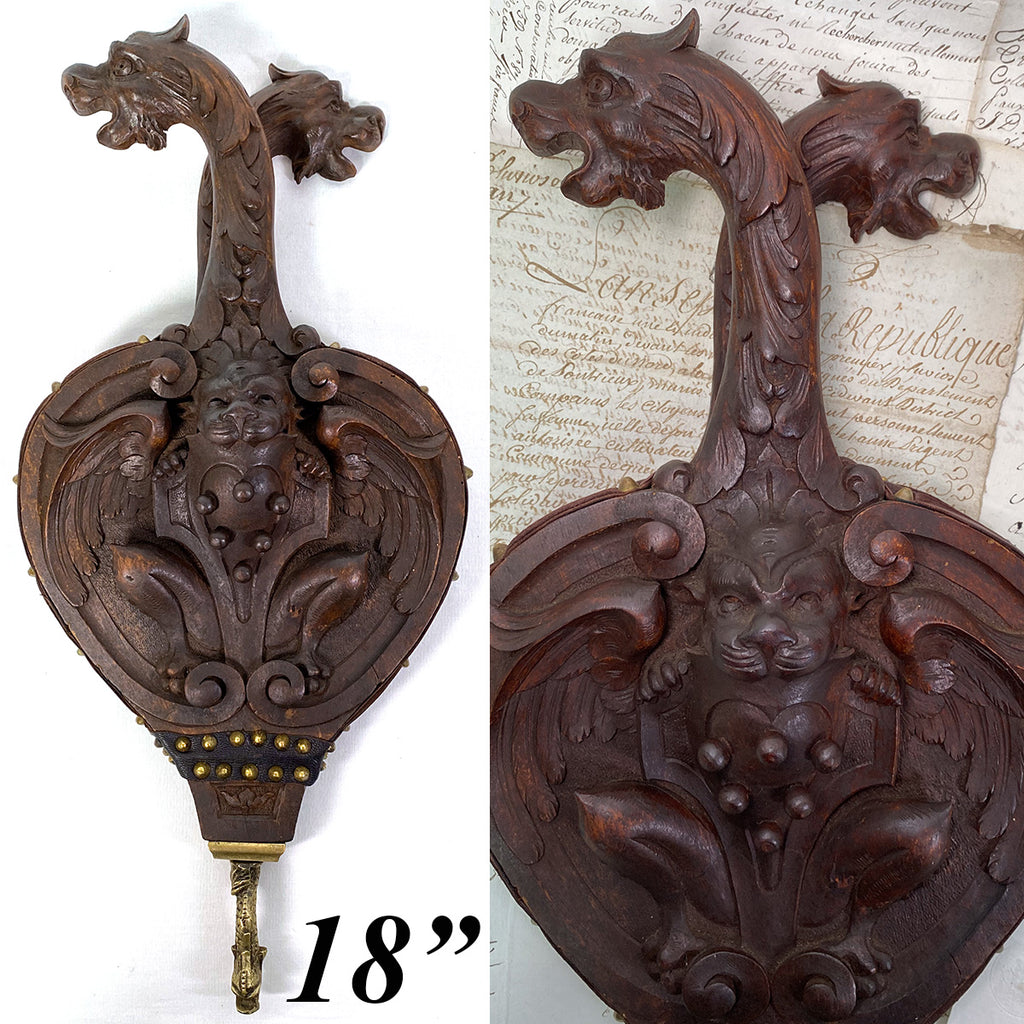 Rare Antique Victorian Era Carved 18" Fireplace Bellows, Highly Ornate with Winged Griffin Figure