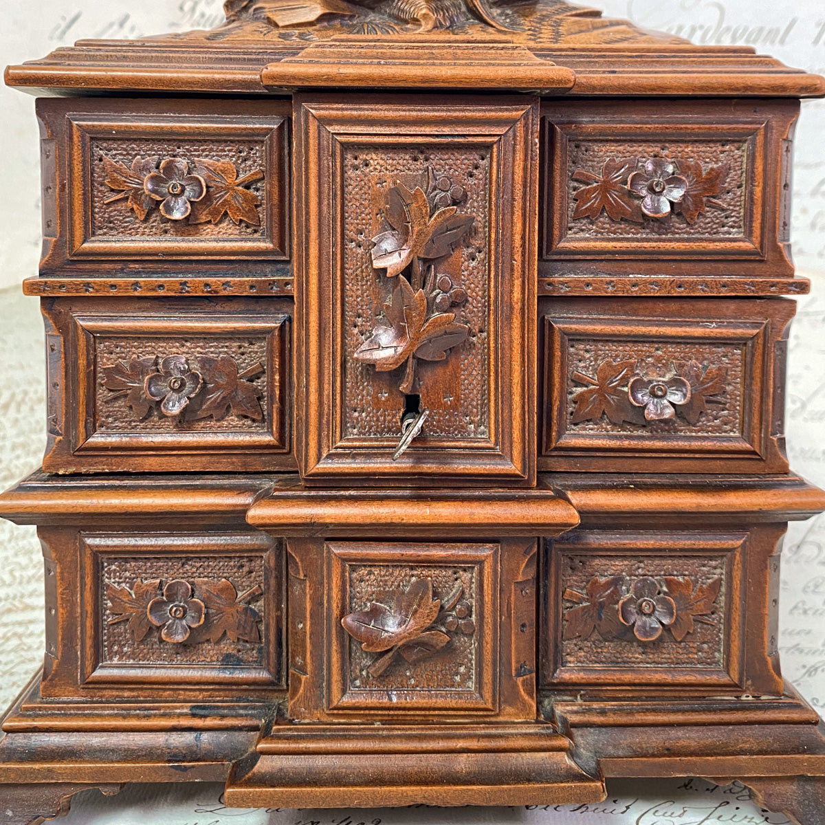 Lovely Antique Black Forest Carved 10" Tall Jewelry Chest, Box, Hinged Compartments, Birds & Nest