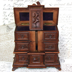 Lovely Antique Black Forest Carved 10" Tall Jewelry Chest, Box, Hinged Compartments, Birds & Nest