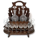 Antique Black Forest Carved 13" Liqueur Caddy or Tantalus, 2 Decanters & 12 Cordials