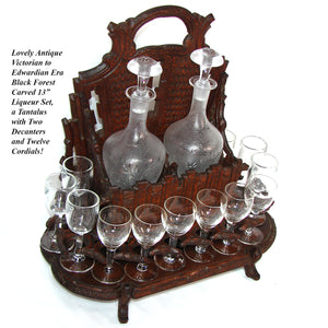 Antique Black Forest Carved 13" Liqueur Caddy or Tantalus, 2 Decanters & 12 Cordials