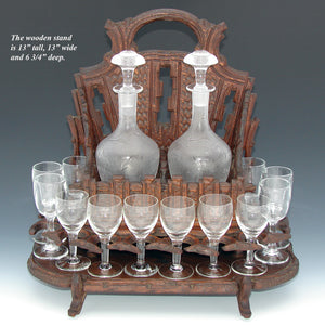 Antique Black Forest Carved 13" Liqueur Caddy or Tantalus, 2 Decanters & 12 Cordials