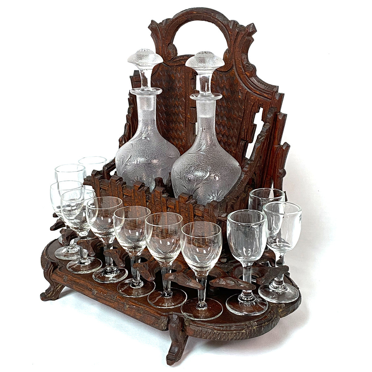 Antique Black Forest Carved 13" Liqueur Caddy or Tantalus, 2 Decanters & 12 Cordials