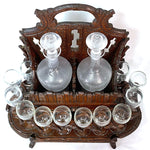 Antique Black Forest Carved 13" Liqueur Caddy or Tantalus, 2 Decanters & 12 Cordials