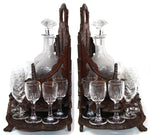 Antique Black Forest Carved 13" Liqueur Caddy or Tantalus, 2 Decanters & 12 Cordials