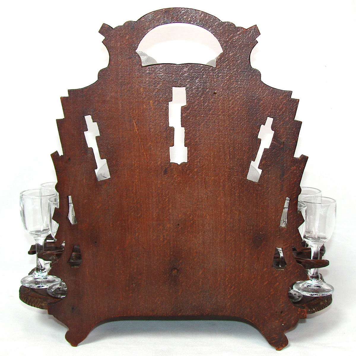 Antique Black Forest Carved 13" Liqueur Caddy or Tantalus, 2 Decanters & 12 Cordials