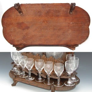 Antique Black Forest Carved 13" Liqueur Caddy or Tantalus, 2 Decanters & 12 Cordials