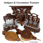 Antique Black Forest Carved 13" Liqueur Caddy or Tantalus, 2 Decanters & 12 Cordials