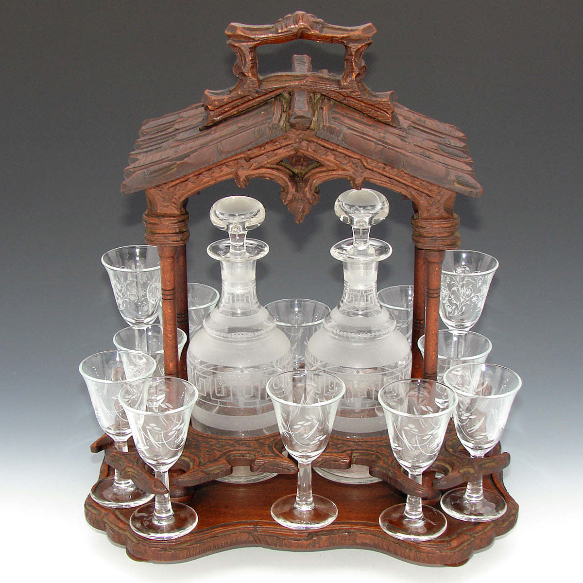 Antique Black Forest Carved 13.5" Liqueur Set, Tantalus in Portico or Gazebo Form, 14pc Glassware