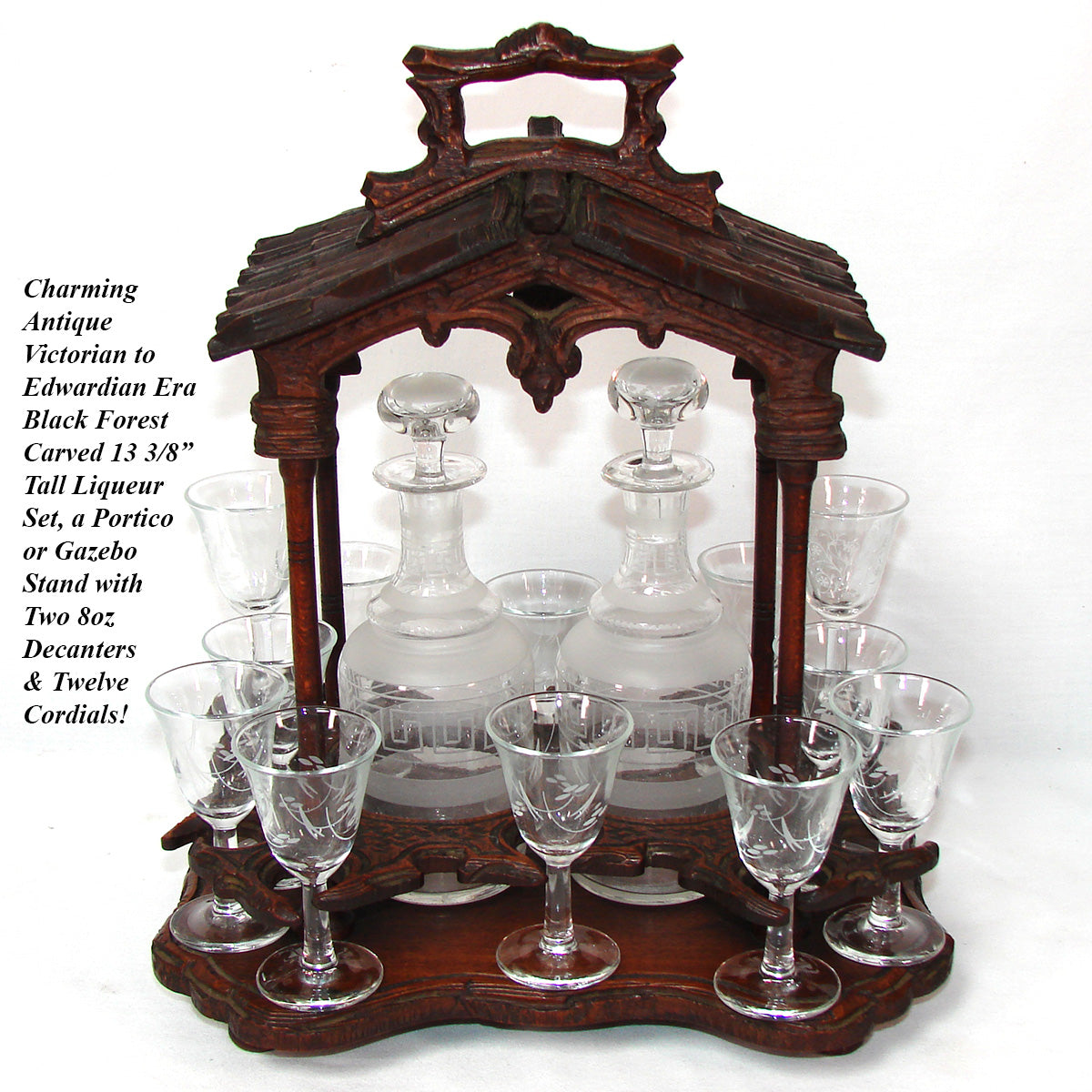 Antique Black Forest Carved 13.5" Liqueur Set, Tantalus in Portico or Gazebo Form, 14pc Glassware