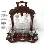 Antique Black Forest Carved 13.5" Liqueur Set, Tantalus in Portico or Gazebo Form, 14pc Glassware