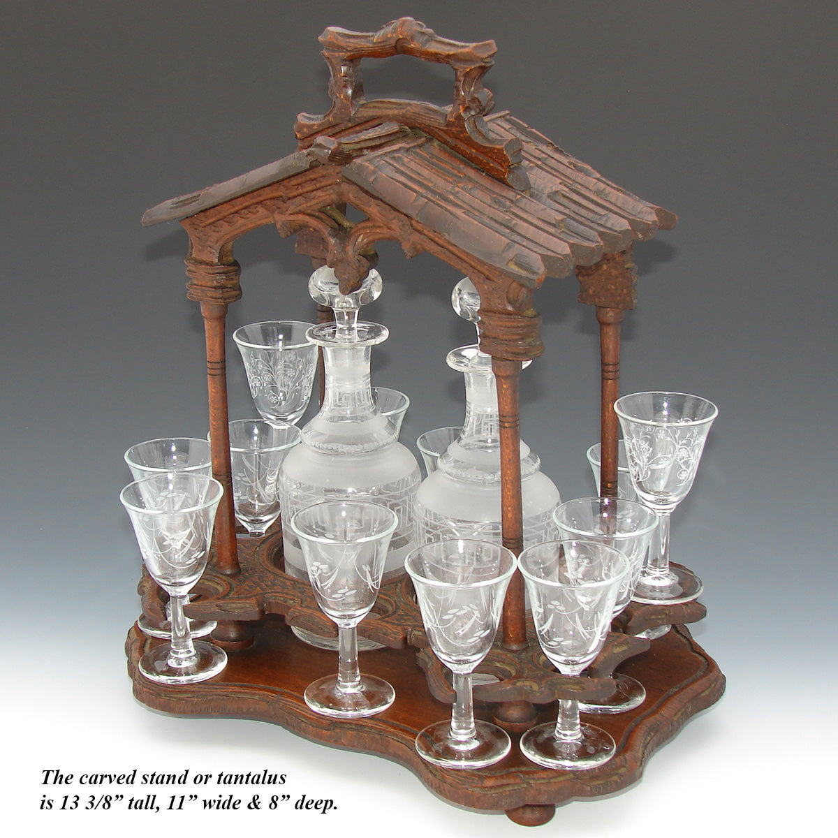 Antique Black Forest Carved 13.5" Liqueur Set, Tantalus in Portico or Gazebo Form, 14pc Glassware