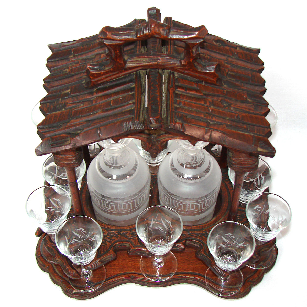 Antique Black Forest Carved 13.5" Liqueur Set, Tantalus in Portico or Gazebo Form, 14pc Glassware