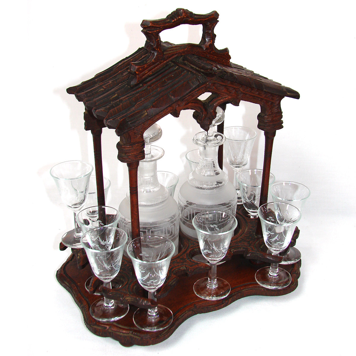 Antique Black Forest Carved 13.5" Liqueur Set, Tantalus in Portico or Gazebo Form, 14pc Glassware